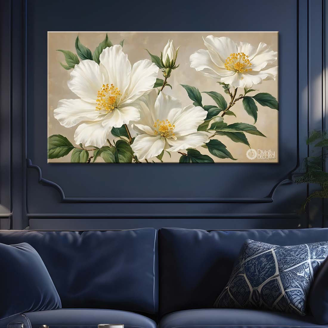 White flowers in light background canvas painting- Flower-866
