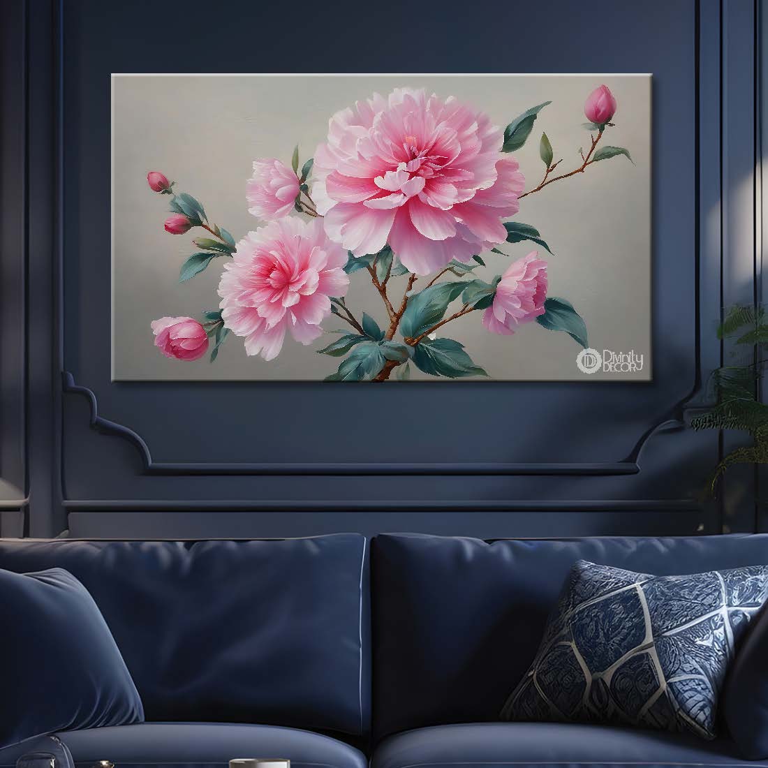 Pink flowers in grey background canvas painting- Flower-869