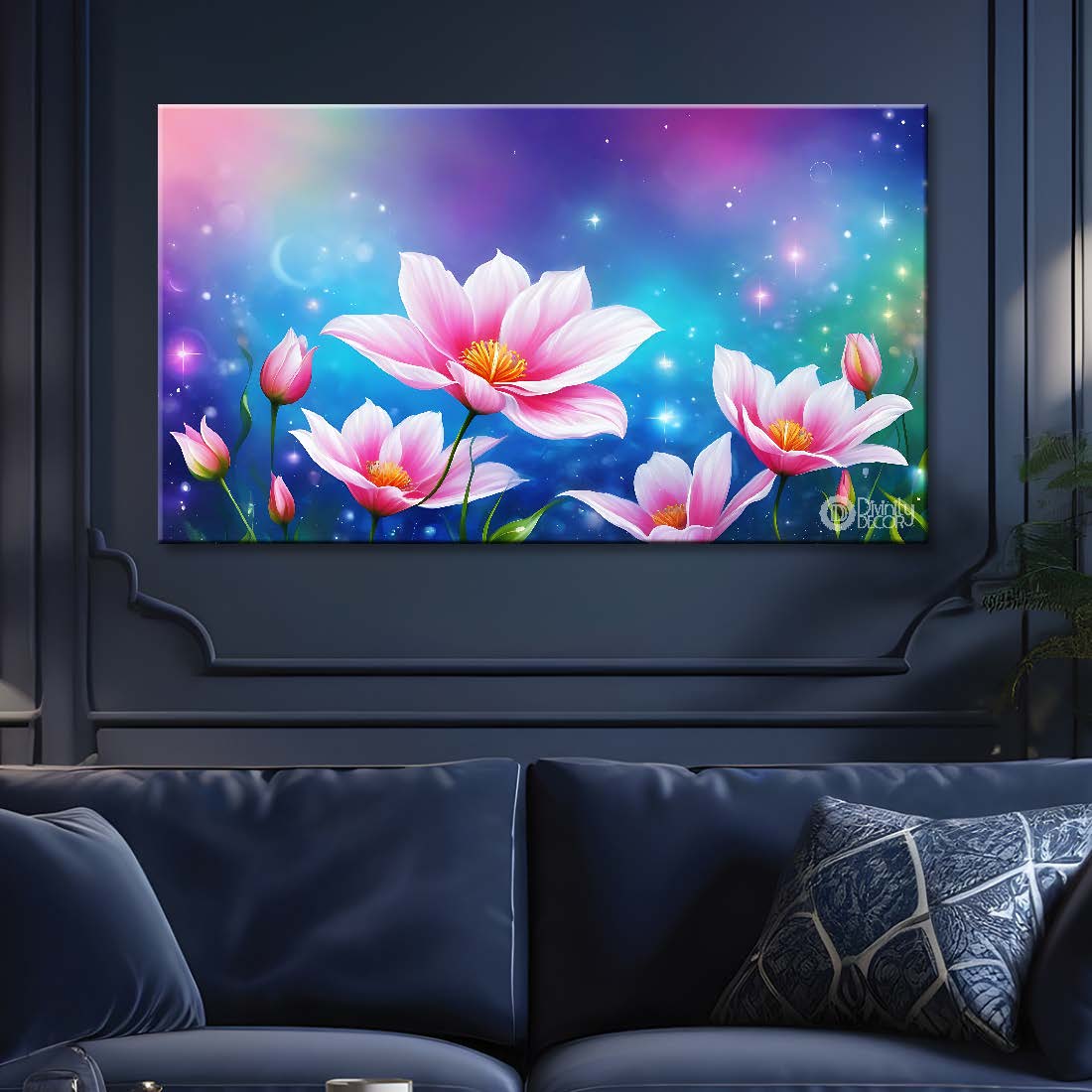 pink flowers in colorful background canvas painting- Flower-871