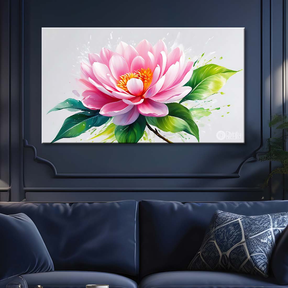 Pink flowers in grey background canvas painting- Flower-875