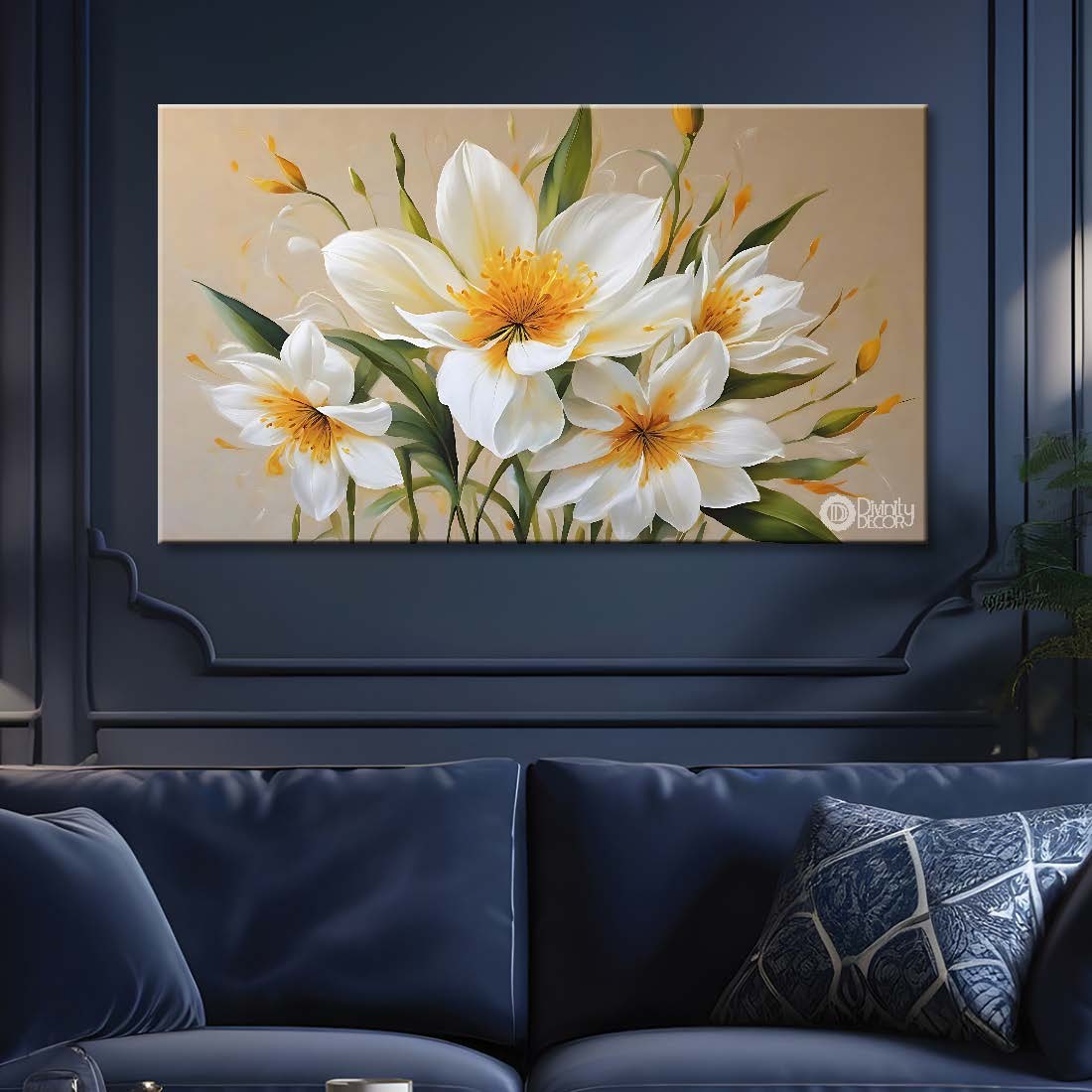 White flowers in light background canvas painting- Flower-876