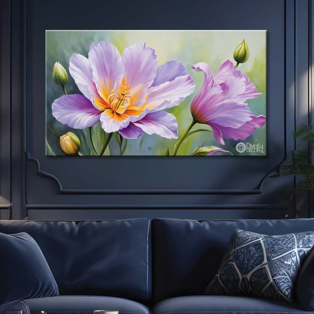 Purple flowers in grey background canvas painting- Flower-877