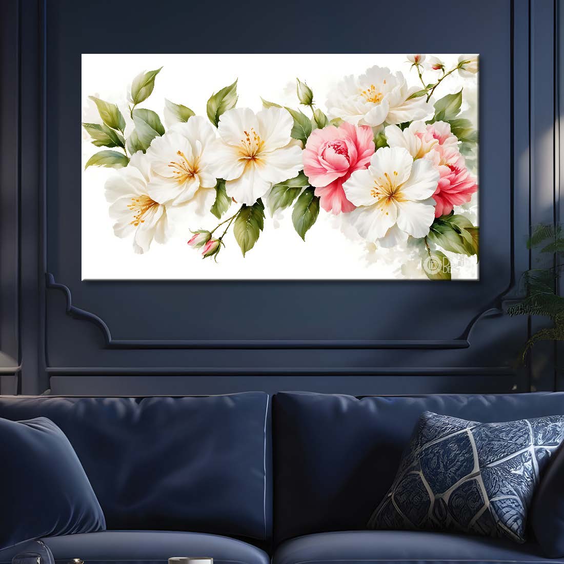 White flowers in white background canvas painting- Flower-879