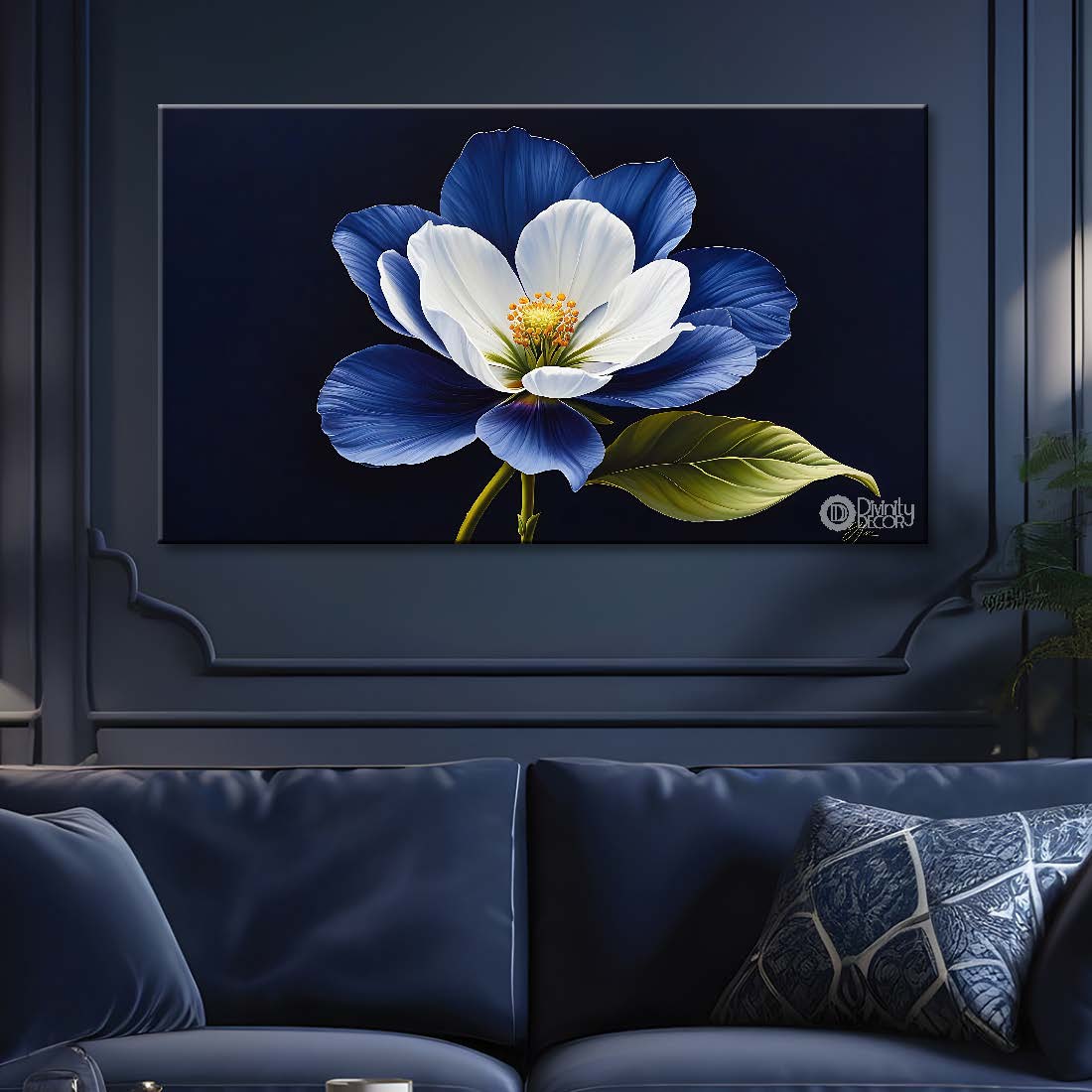 White flower in navy blue background canvas painting- Flower-881