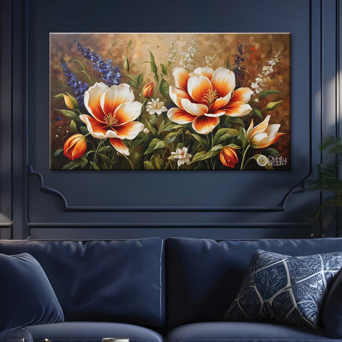 Orange flowers in light brown background canvas painting- Flower-885