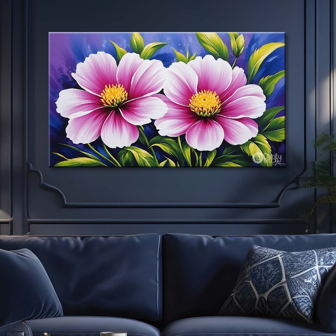 Pink flowers in navy blue background canvas painting- Flower-886