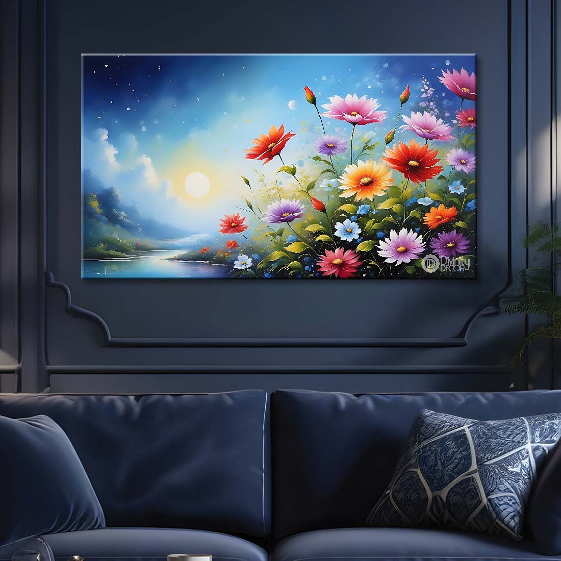 Colorful flowers in blue background canvas painting- Flower-889