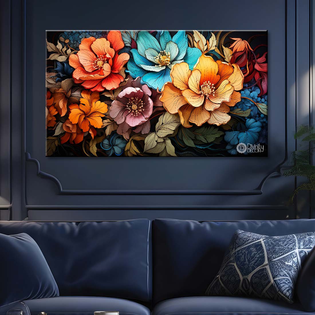 Colorful flowers in black background canvas painting- Flower-890
