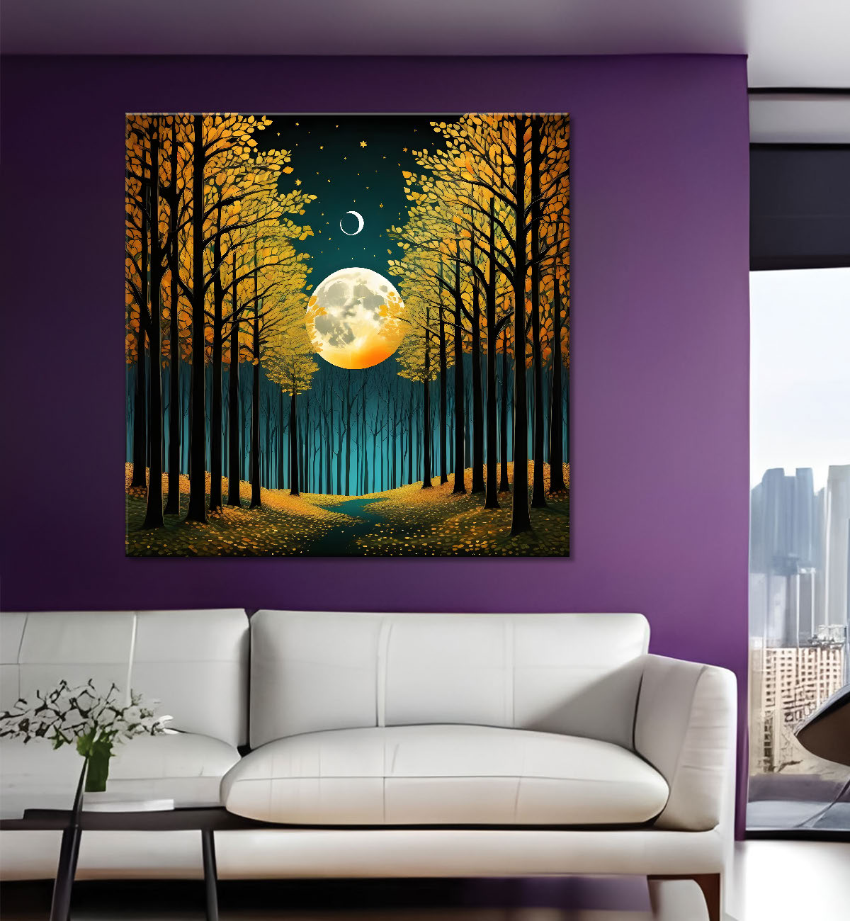 Golden tree with moon in dark green background natural art Canvas Painting 24X24 - Nature Art -S-1