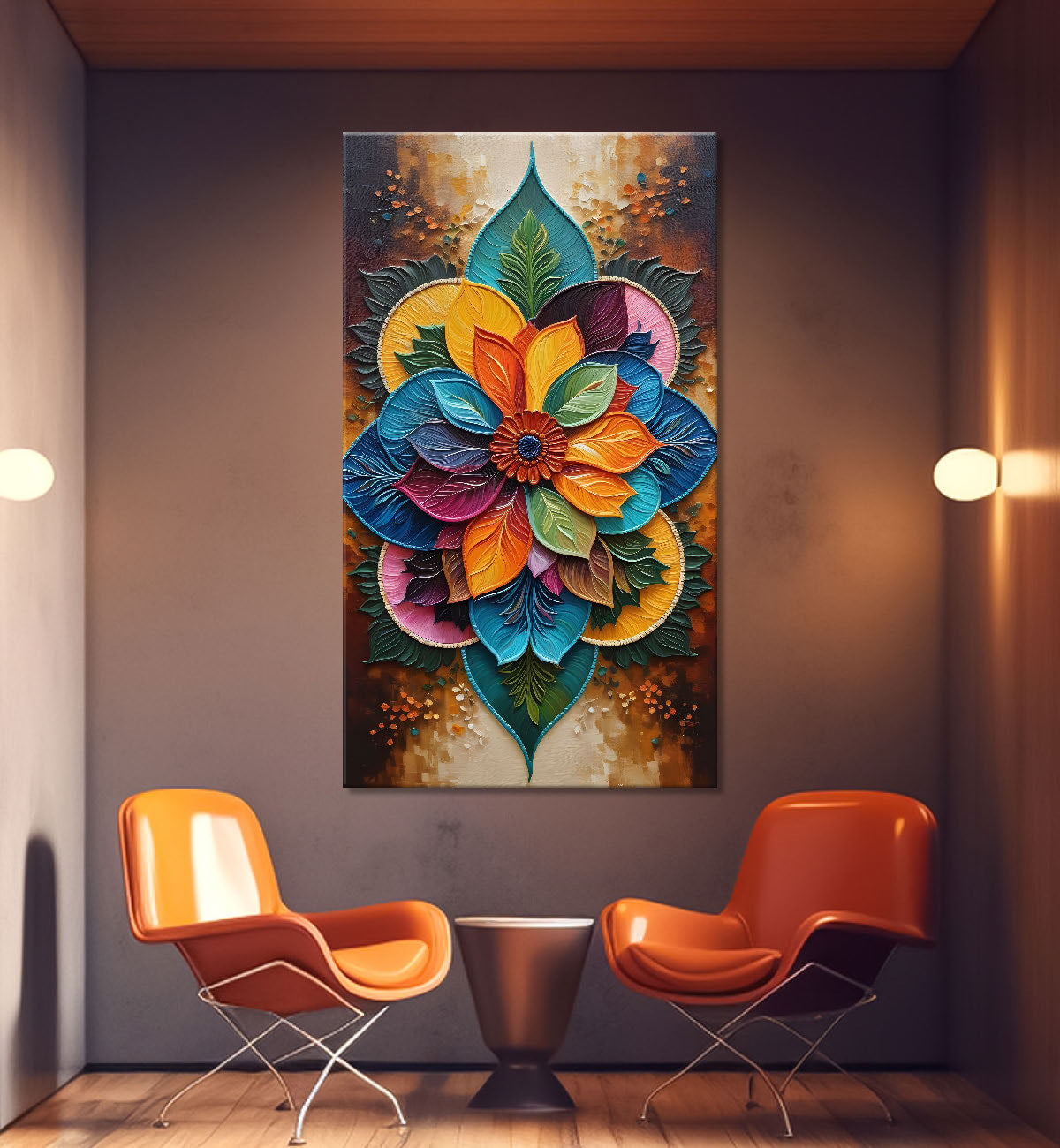 Colourful flower in mandala design textured canvas painting- Flower-V-1