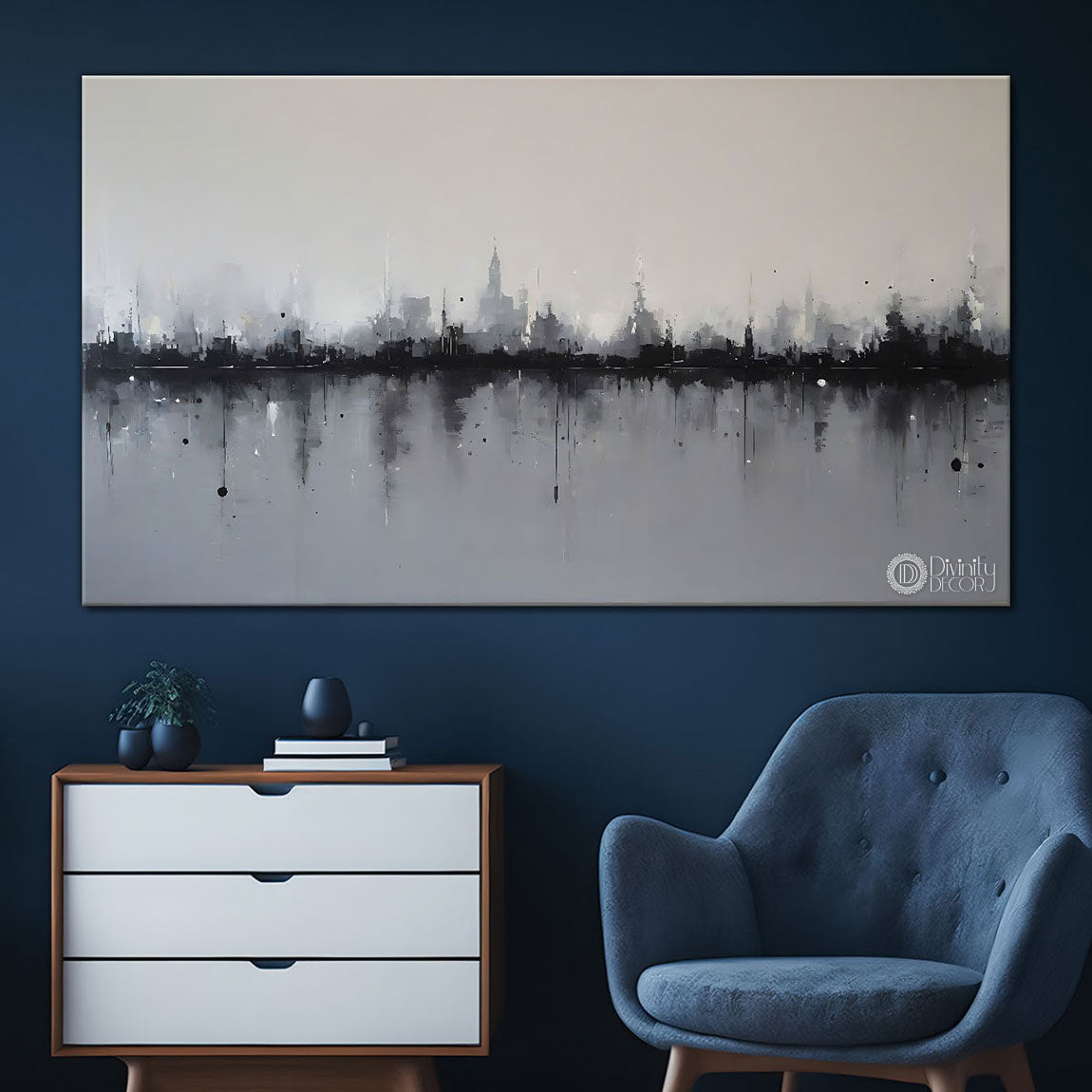 City in grey textured water color painting Canvas Painting - Nature Art - 2