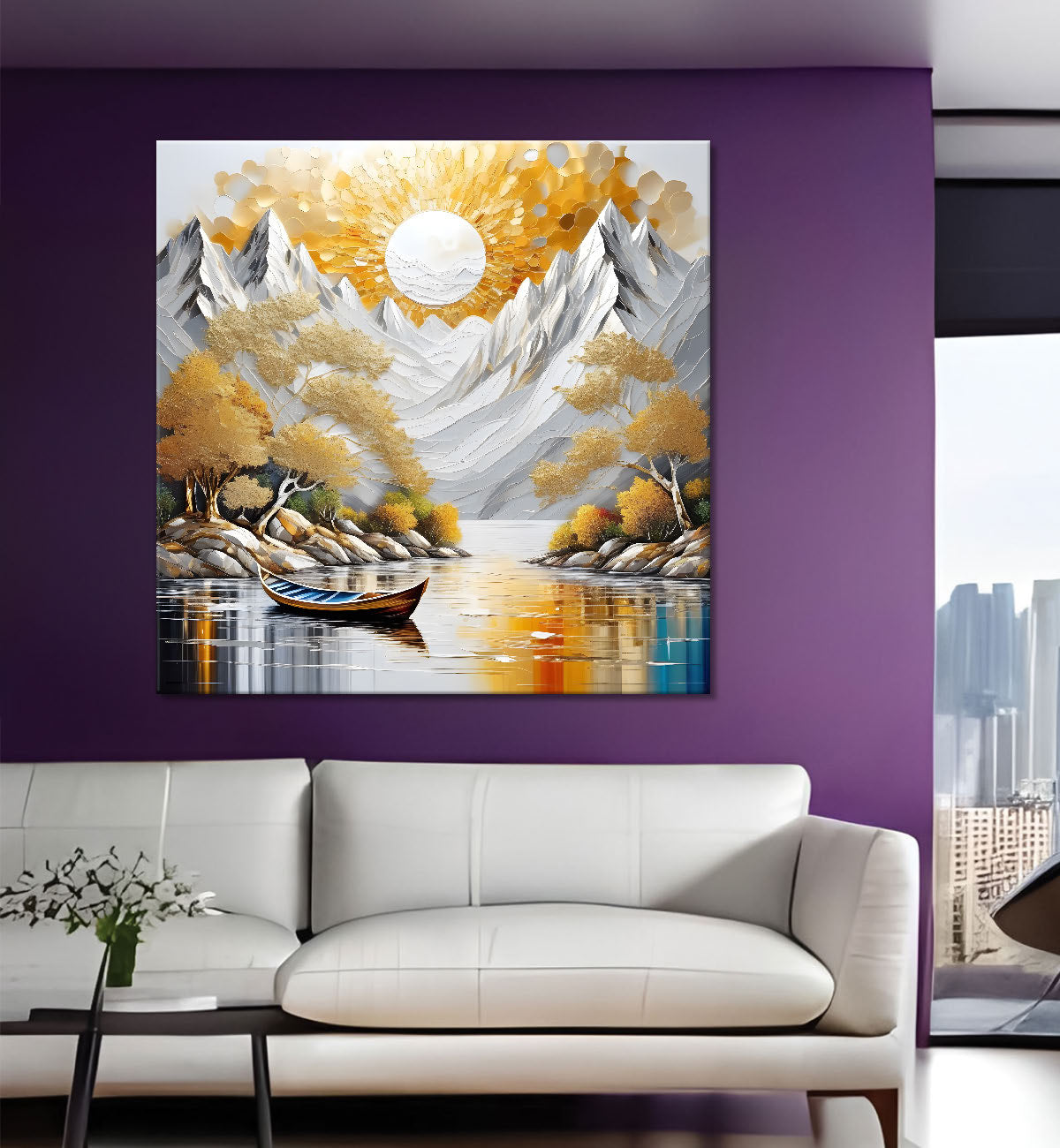 Golden tree with white mountains and sun natureal art Canvas Painting 24X24 - Nature Art -S-2