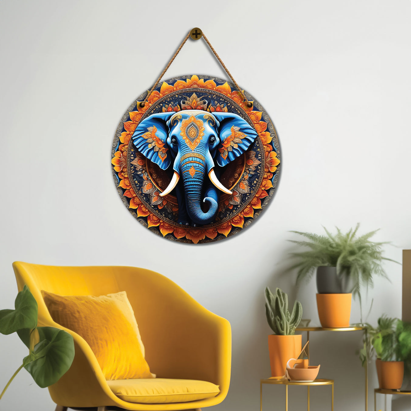 Elephant in orange and blue mandala Round Wooden Wall Hanging for wall Décor - Design - 02