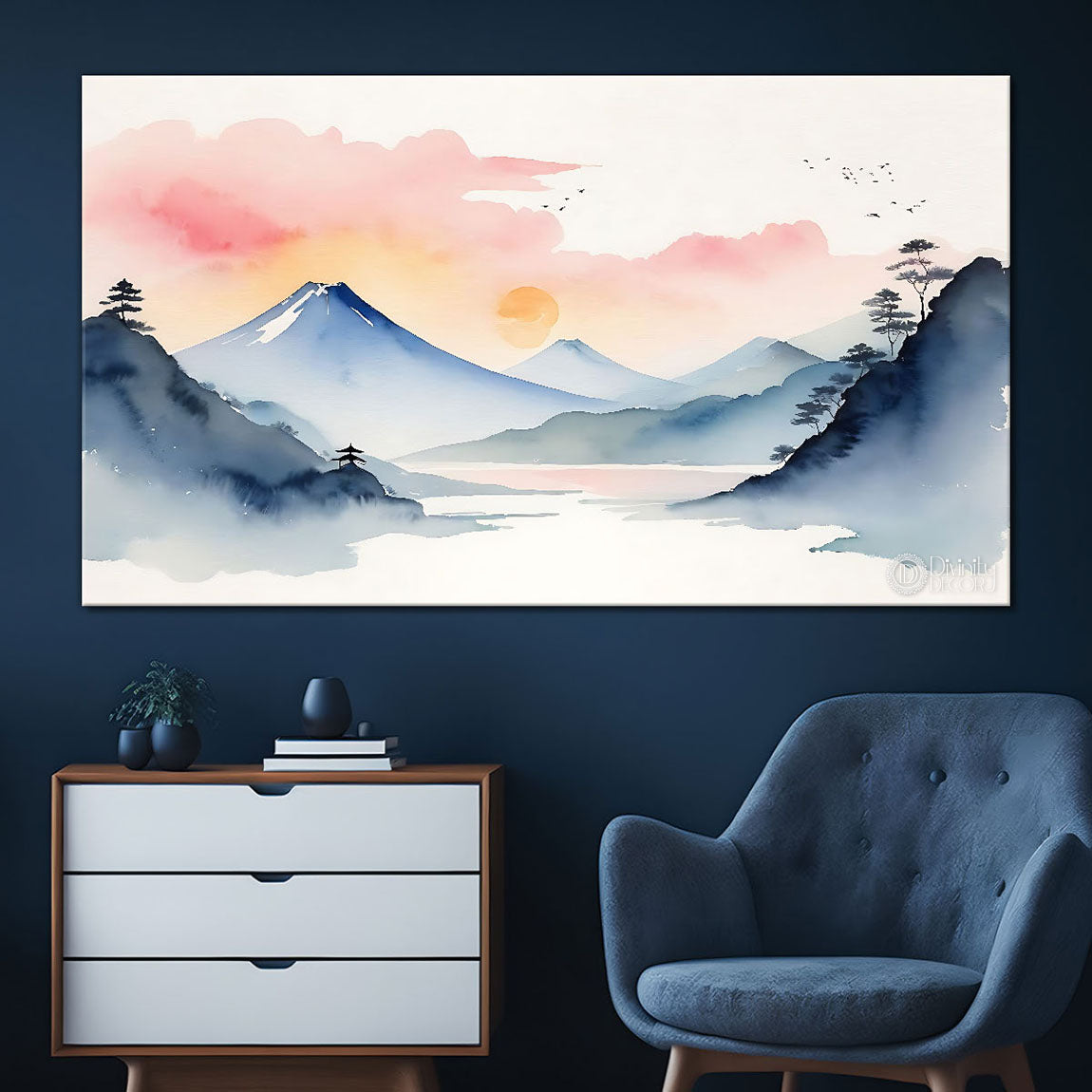 Mountains with lake and clouds in pink sky textured water color painting Canvas Painting - Nature Art - 3