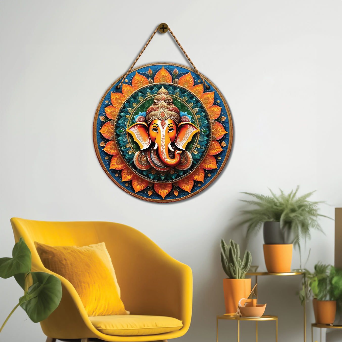 Ganesh Ji in orange and green mandala Round Wooden Wall Hanging for wall Décor - Design - 03