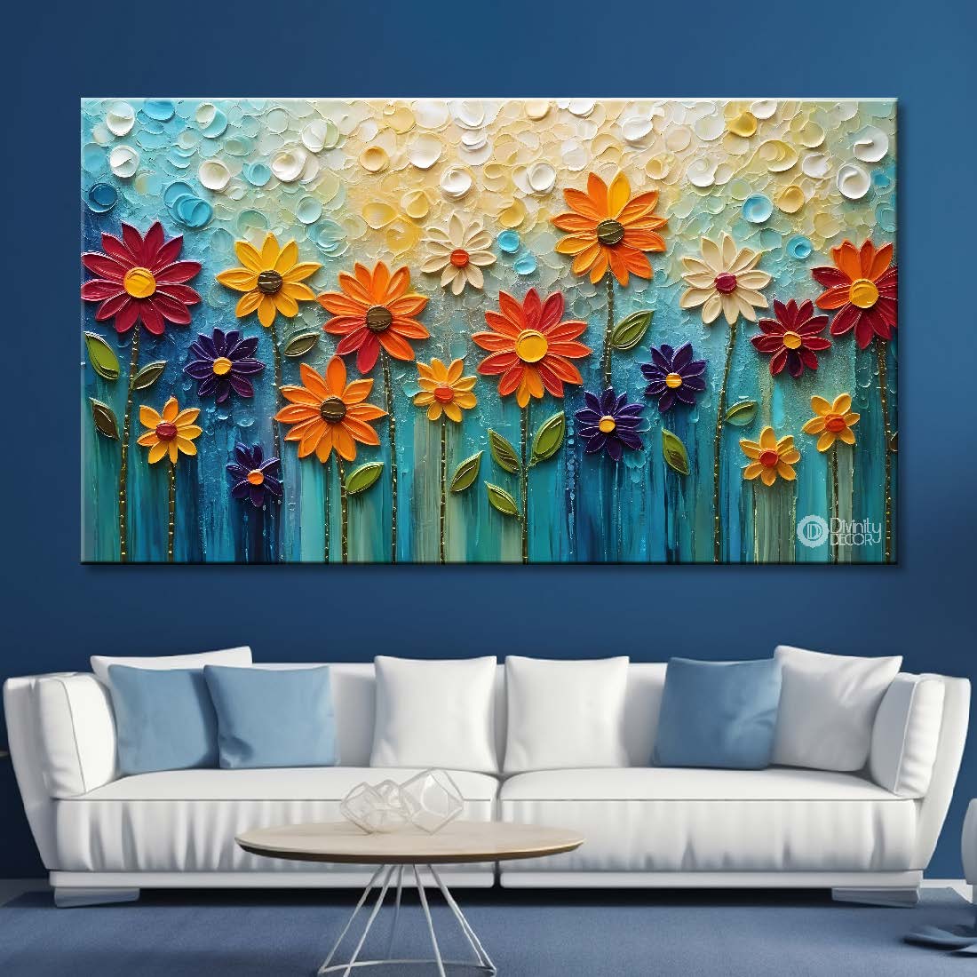 Colorful flowers textured painting with blue background - Design - Flower-4