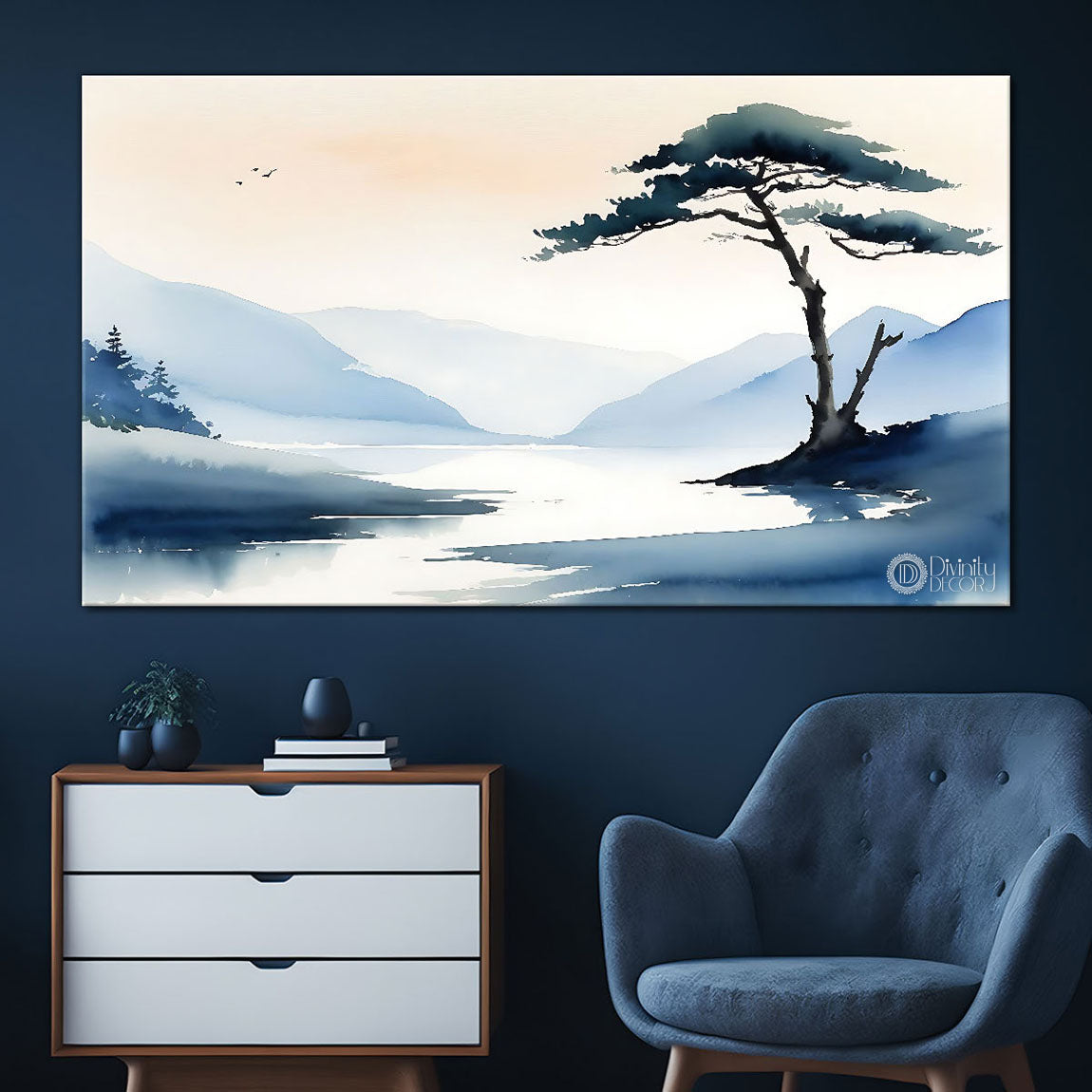 Mountains with lake and tree in textured water color painting Canvas Painting - Nature Art - 4