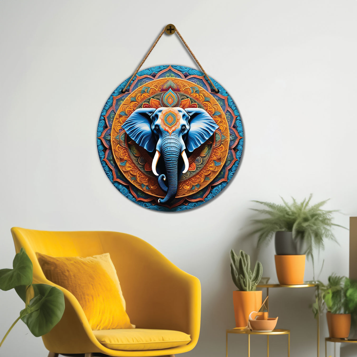 Elephant in orange and blue mandala Round Wooden Wall Hanging for wall Décor - Design - 04