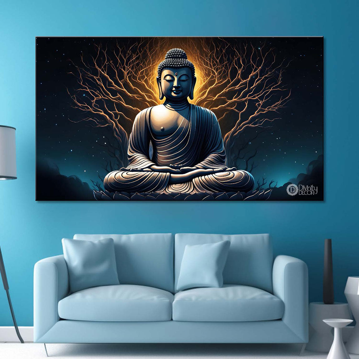 Buddha with dark blue textured painting Canvas Wall Painting - Buddha-5