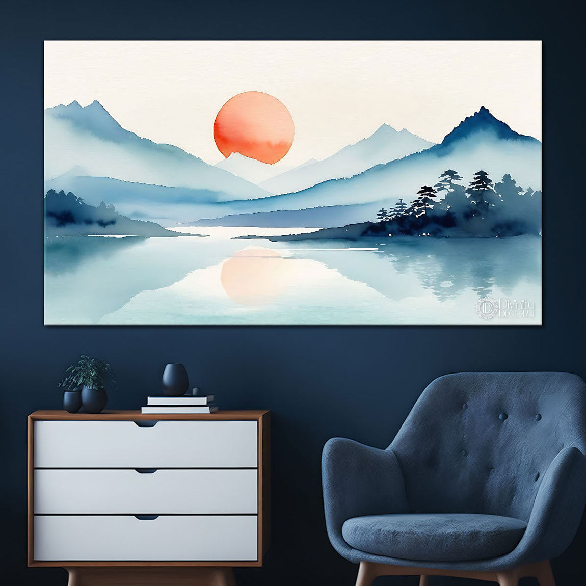 Mountains with sunrise and lake in textured water color painting Canvas Painting - Nature Art - 5