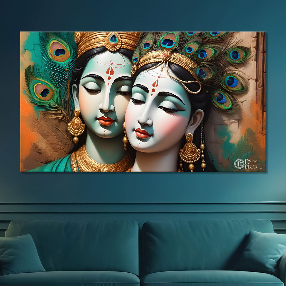 Radha and Krishna face with peacock feathers texture painting Canvas Painting - Design - Krishna-5