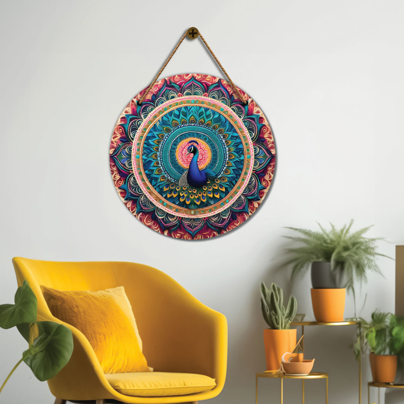 Peacock in green and pink mandala Round Wooden Wall Hanging for wall Décor - Design - 05