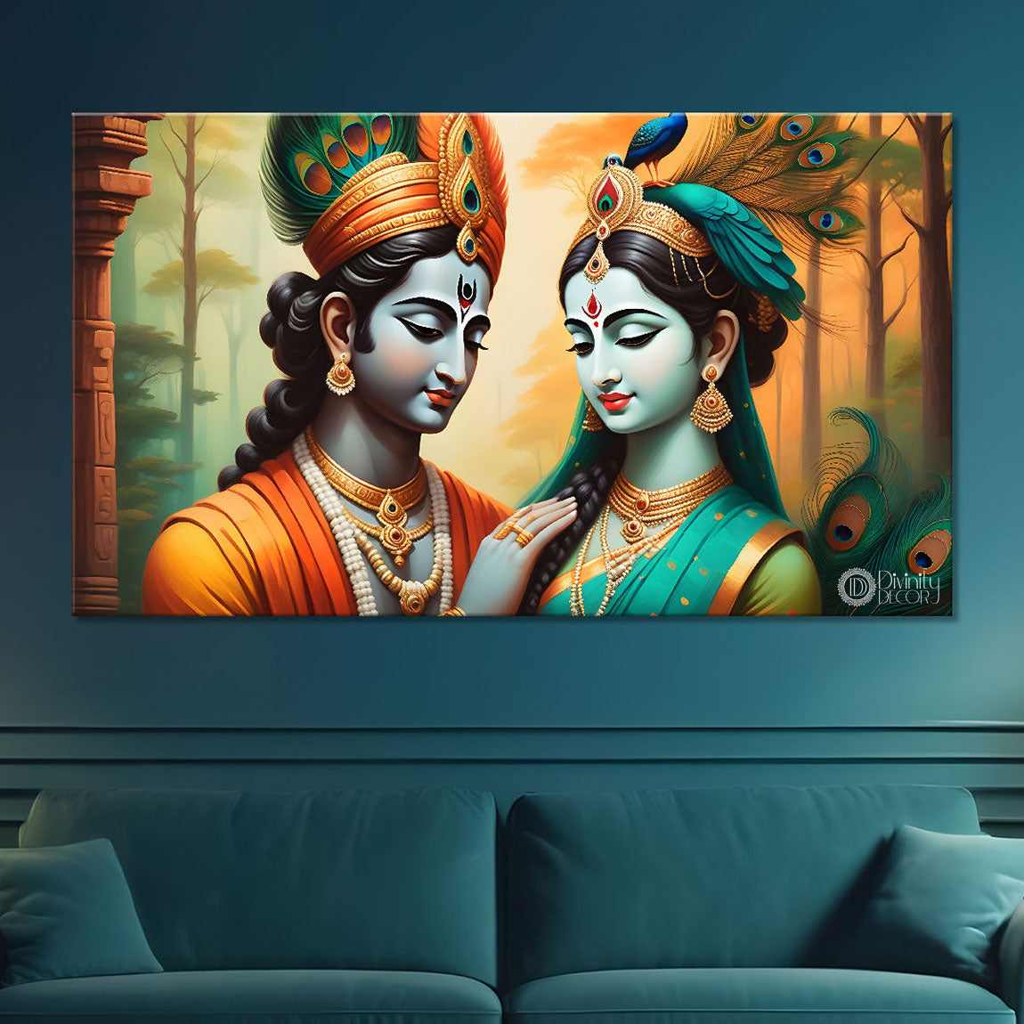 Radha and Krishna sea green texture painting Canvas Painting - Design - Krishna-6