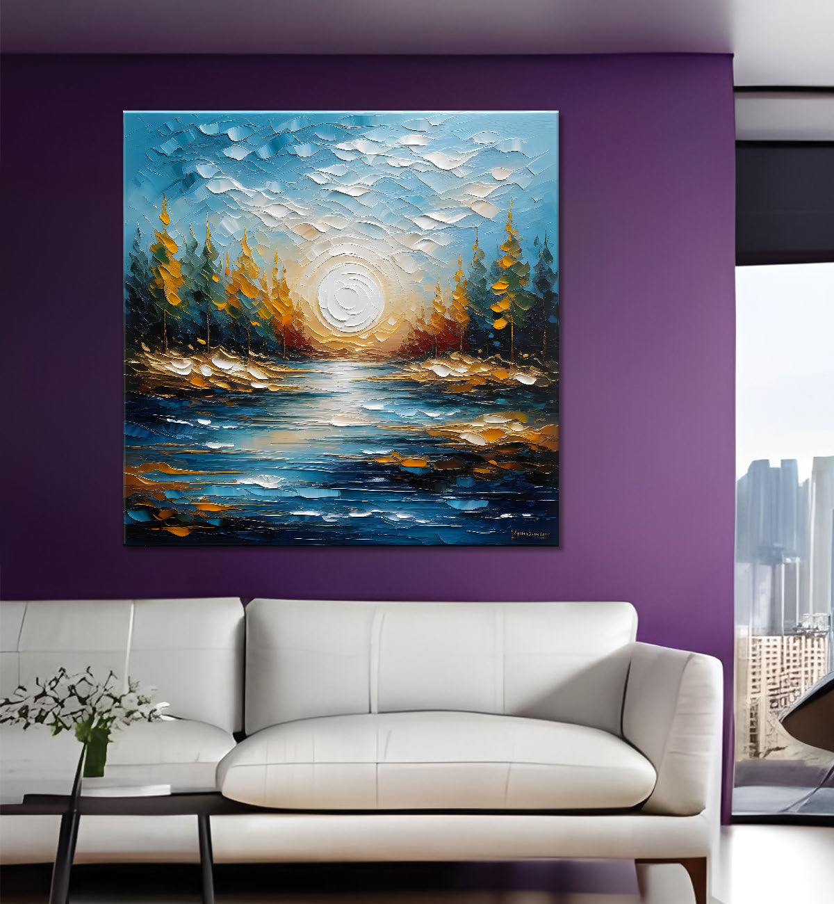 Sun with trees and river in colourful textured painting Canvas Painting 24X24 - Nature Art -S-6