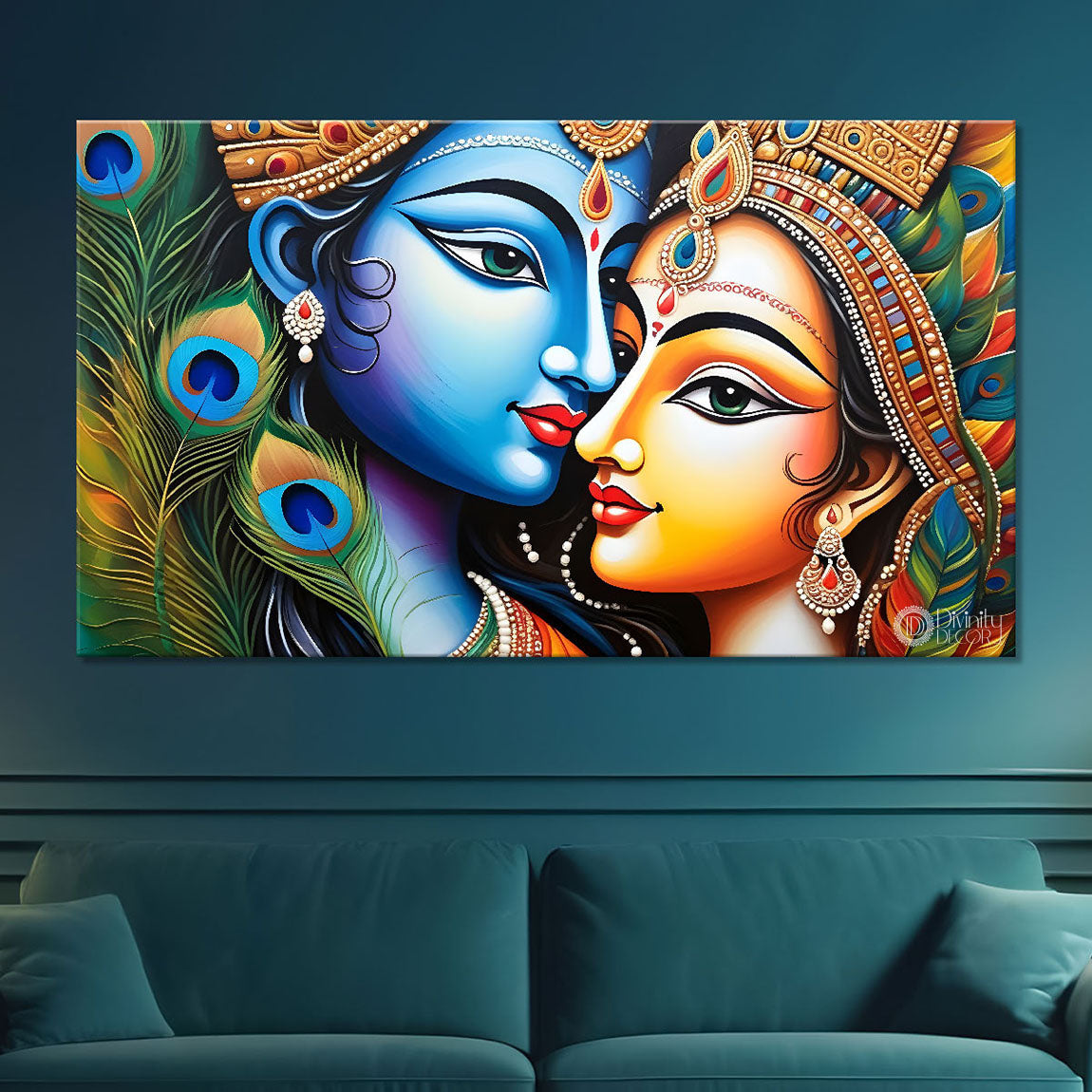 Blue face Krishna and Radha with peacock feather painting Canvas Painting - Design - Krishna-7