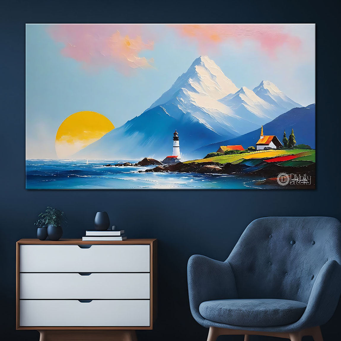 Mountains with sunset , land and sea in textured water color painting Canvas Painting - Nature Art -7