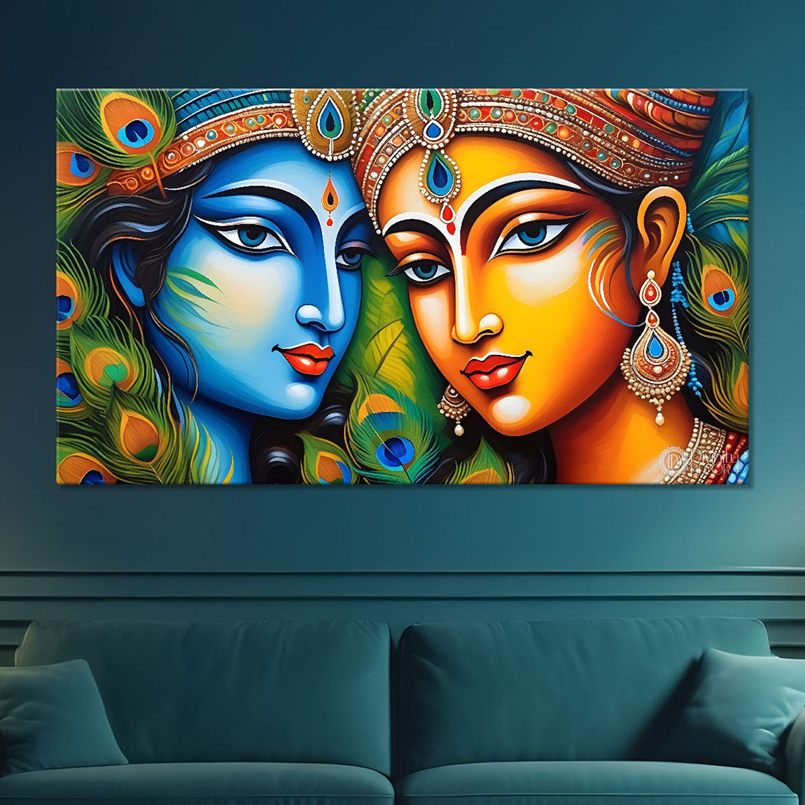 Blue face Krishna and Radha with peacock feather painting Canvas Painting - Design - Krishna-9