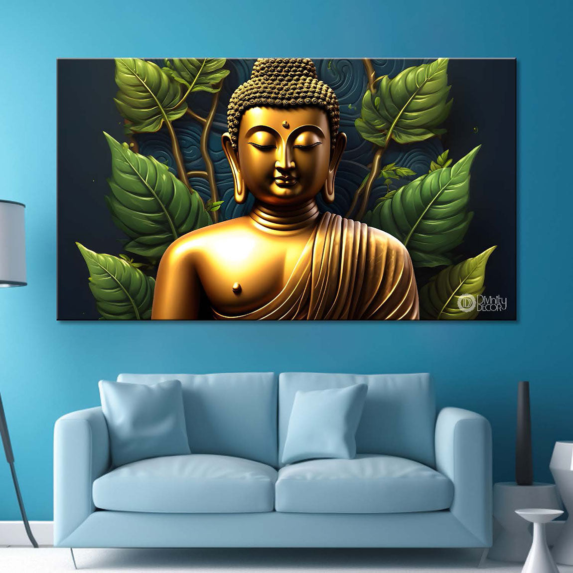 Golden buddha with green background painting Canvas Wall Painting - Buddha-9