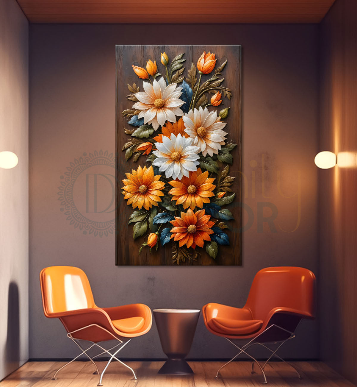 Colourful flowers in light brown textured painting- Flower-V-9