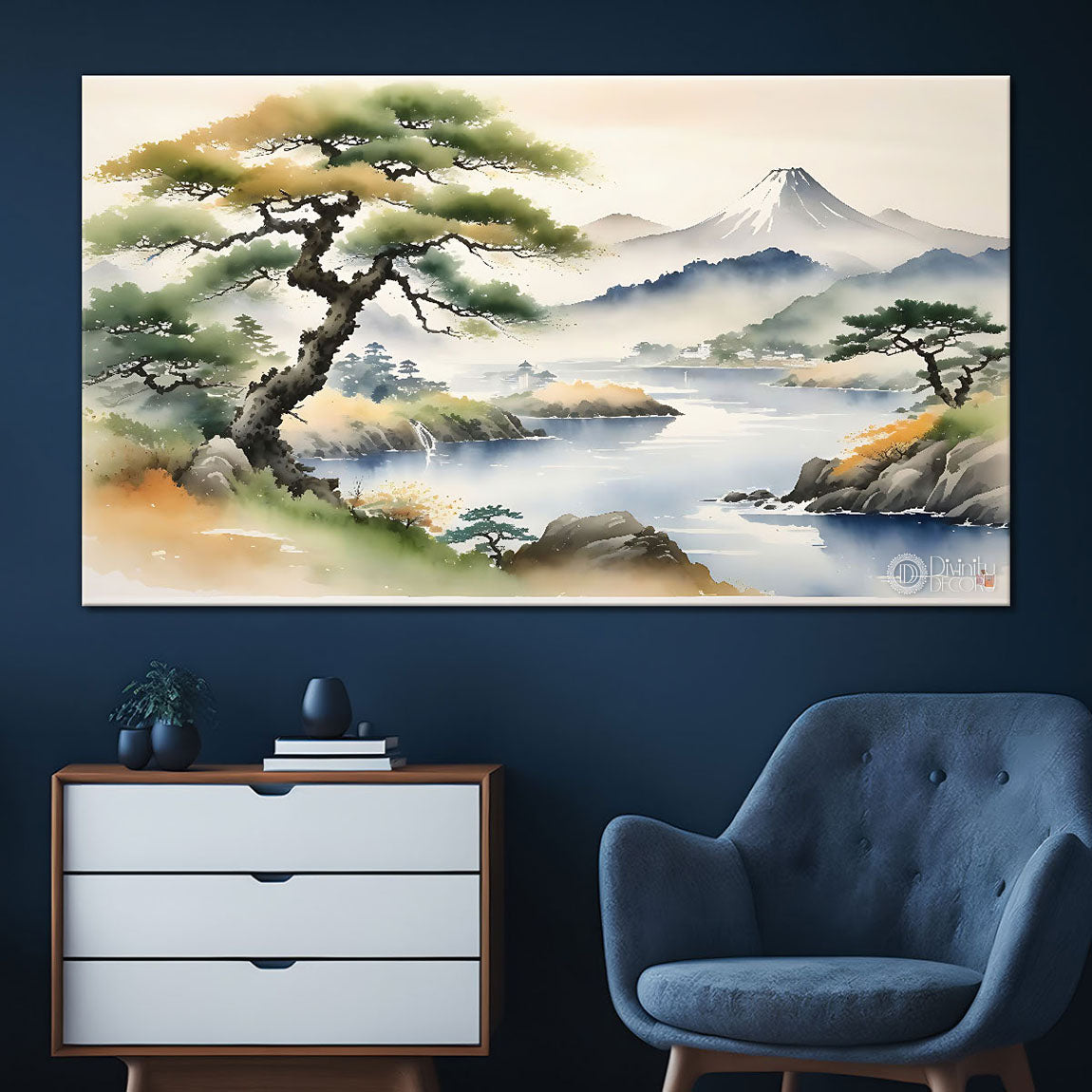 Mountains with green tree with lake in textured water color painting Canvas Painting - Nature Art -9