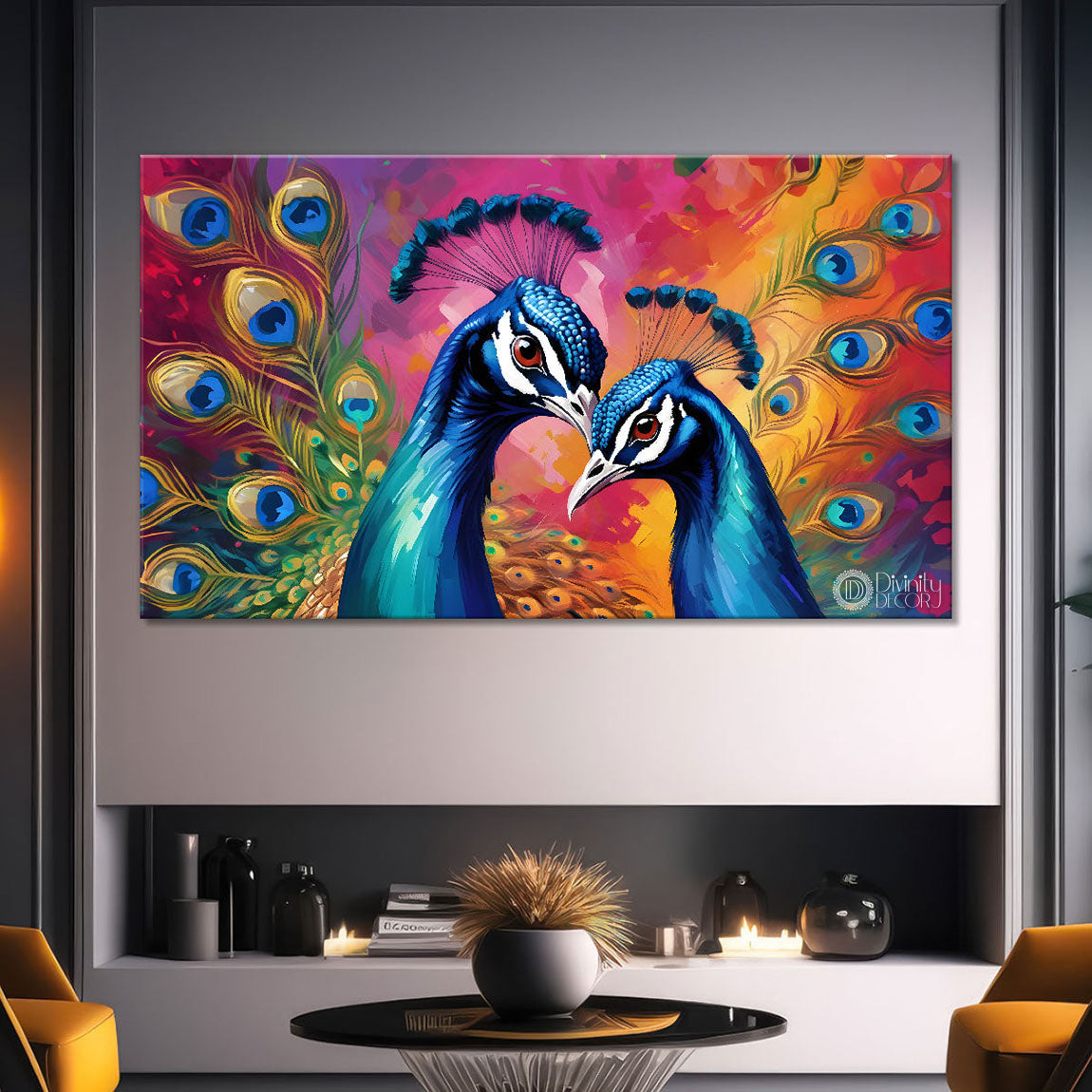 Two beautiful peacocks with colourful background Canvas Painting - Design - Peacock-1