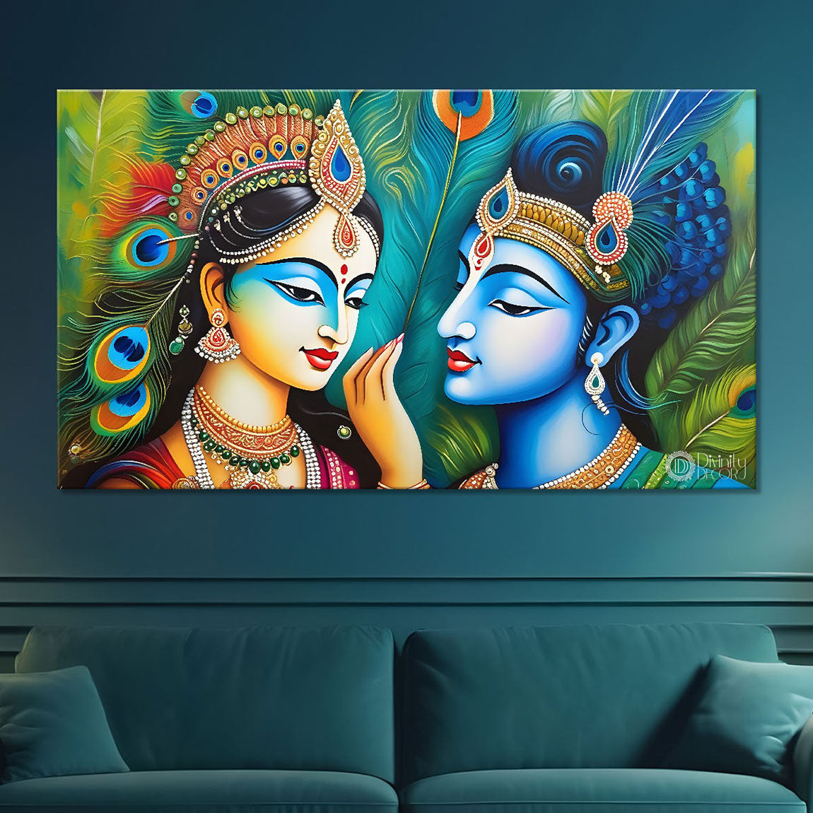 Blue face Krishna and Radha with peacock feather painting Canvas Painting - Design - Krishna-10