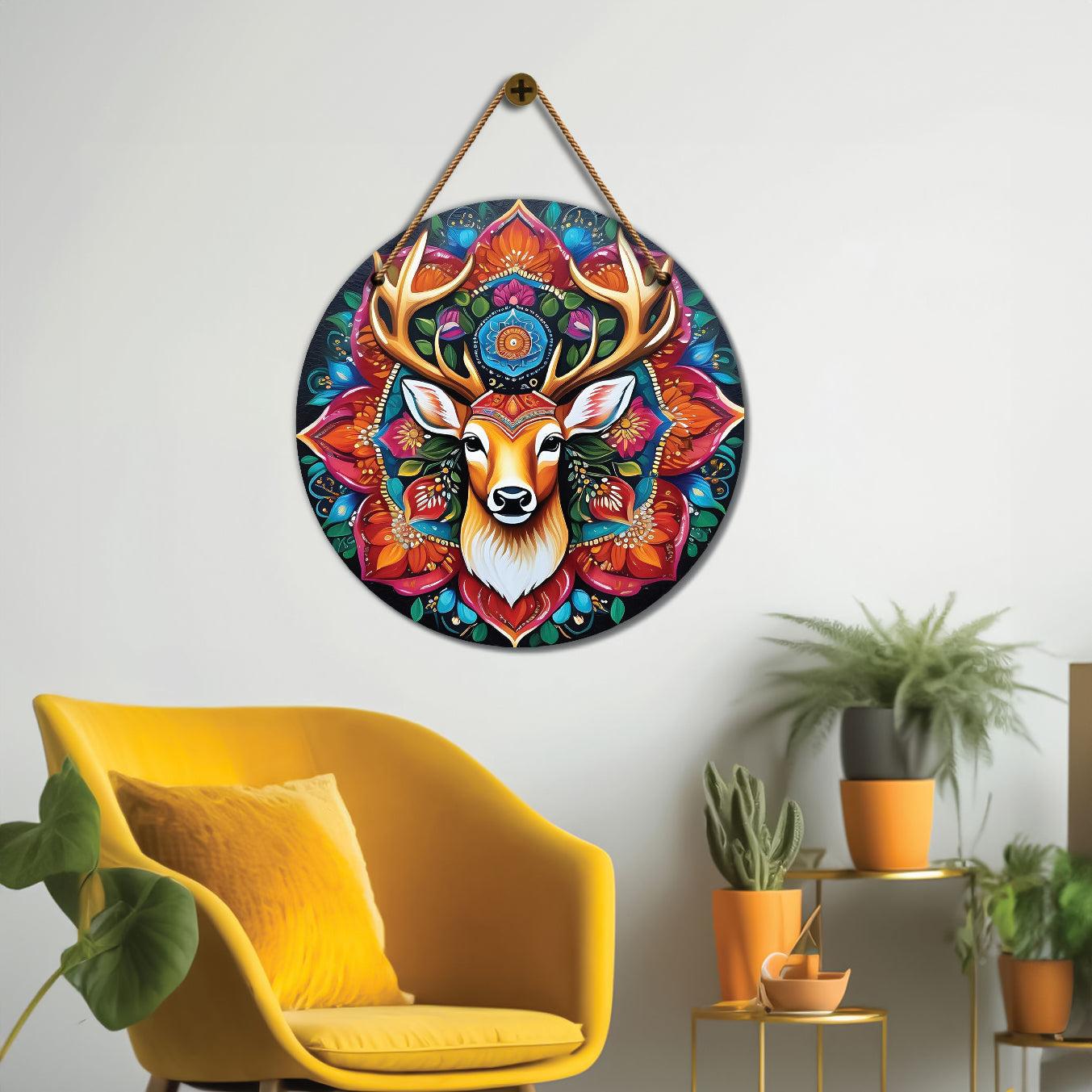 Deer in red and blue mandala Round Wooden Wall Hanging for wall Décor - Design - 10