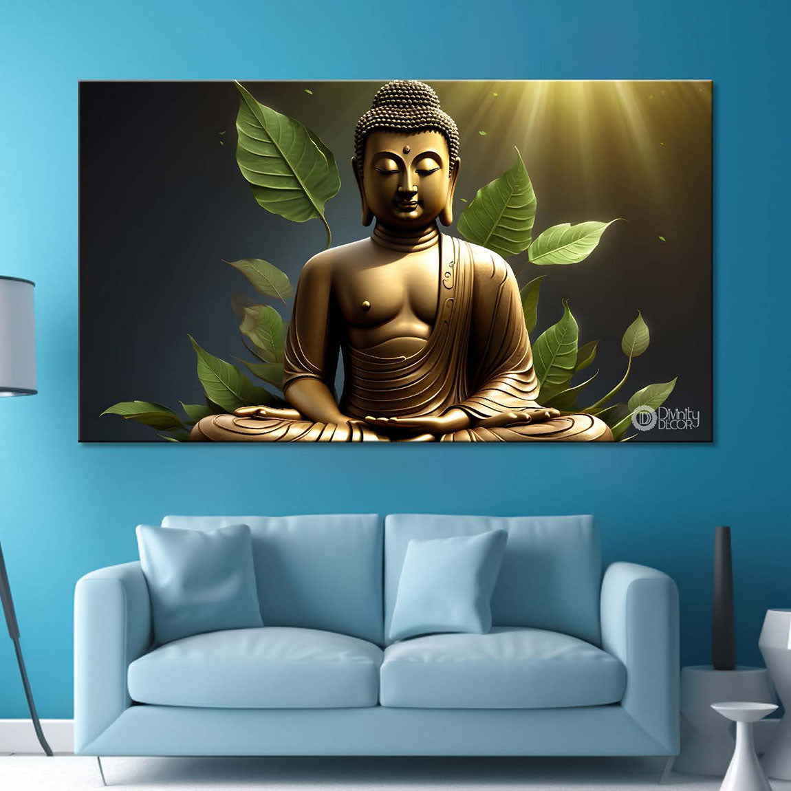 Golden buddha with green background painting Canvas Wall Painting - Buddha-10