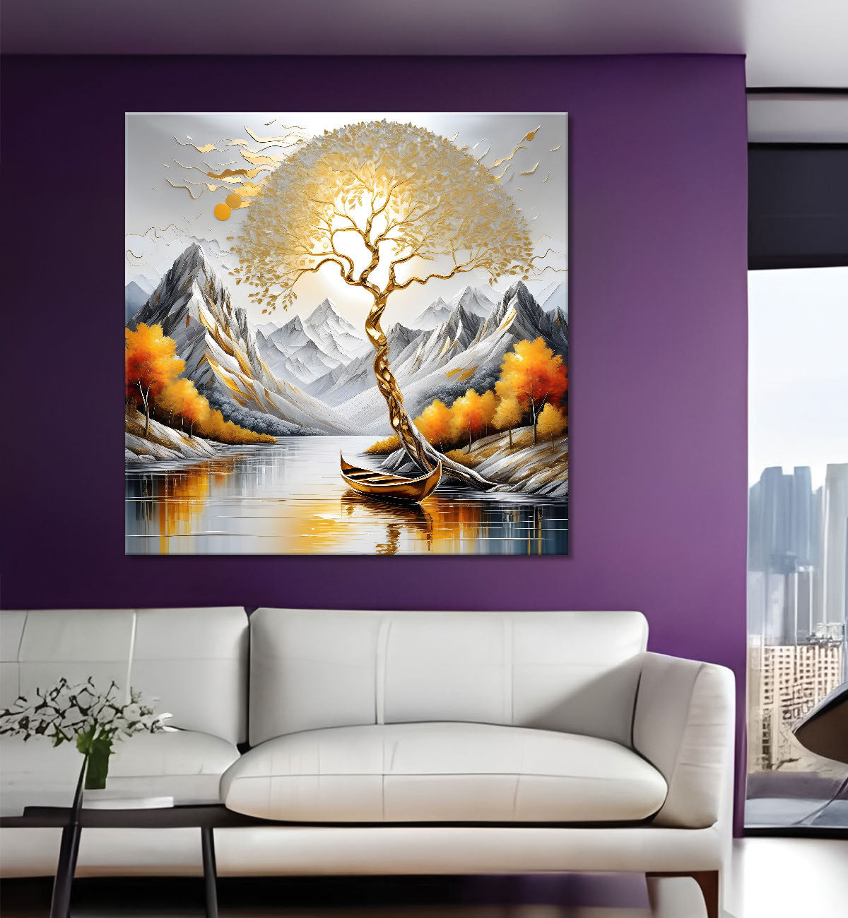 Japnese tree with grey mountains and river Canvas Painting 24X24- Nature Art -S-10