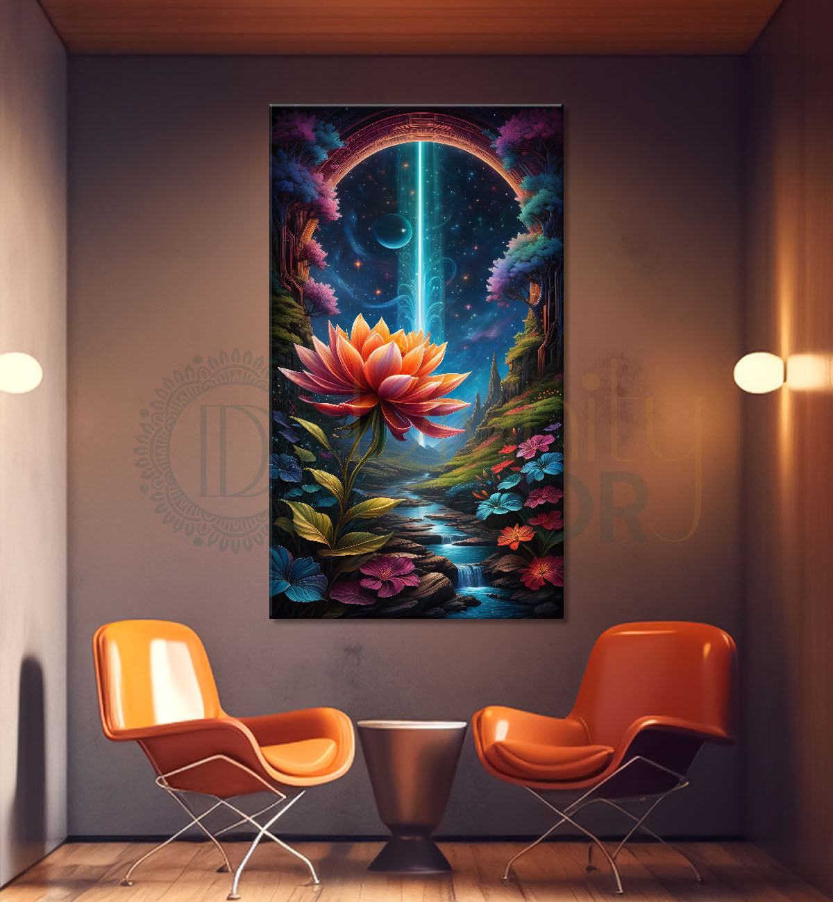 Lotus flower with cosmic ray in dark textured painting - Flower-V-10