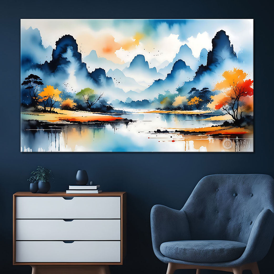 Mountains with lake and orange trees in textured water color painting Canvas Painting - Nature Art -10