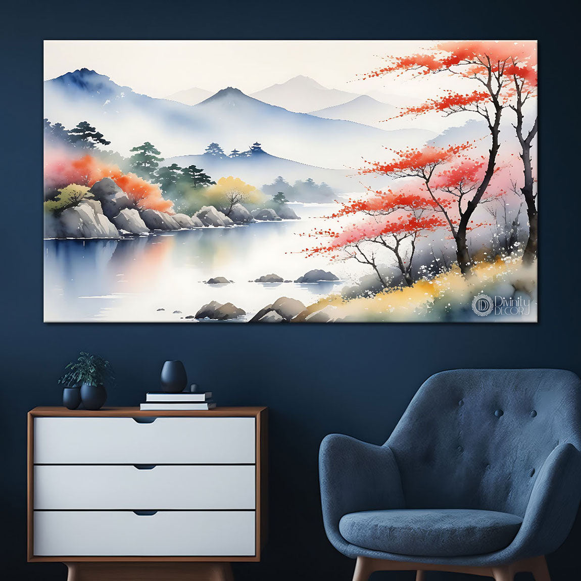 Mountains with pink trees and river in textured water color painting Canvas Painting - Nature Art -11