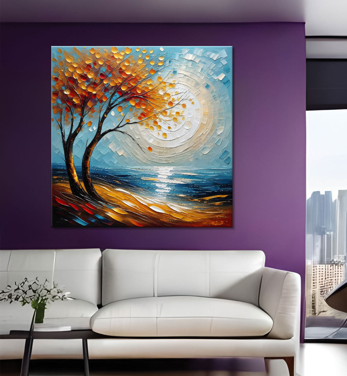Orange tree with moon in blue background natural art Canvas Painting 24X24 - Nature Art -S-11
