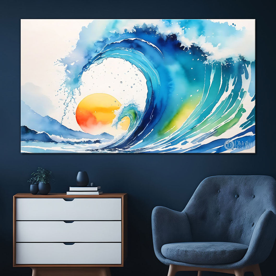 Wave with sun in textured water color painting Canvas Painting - Nature Art -12