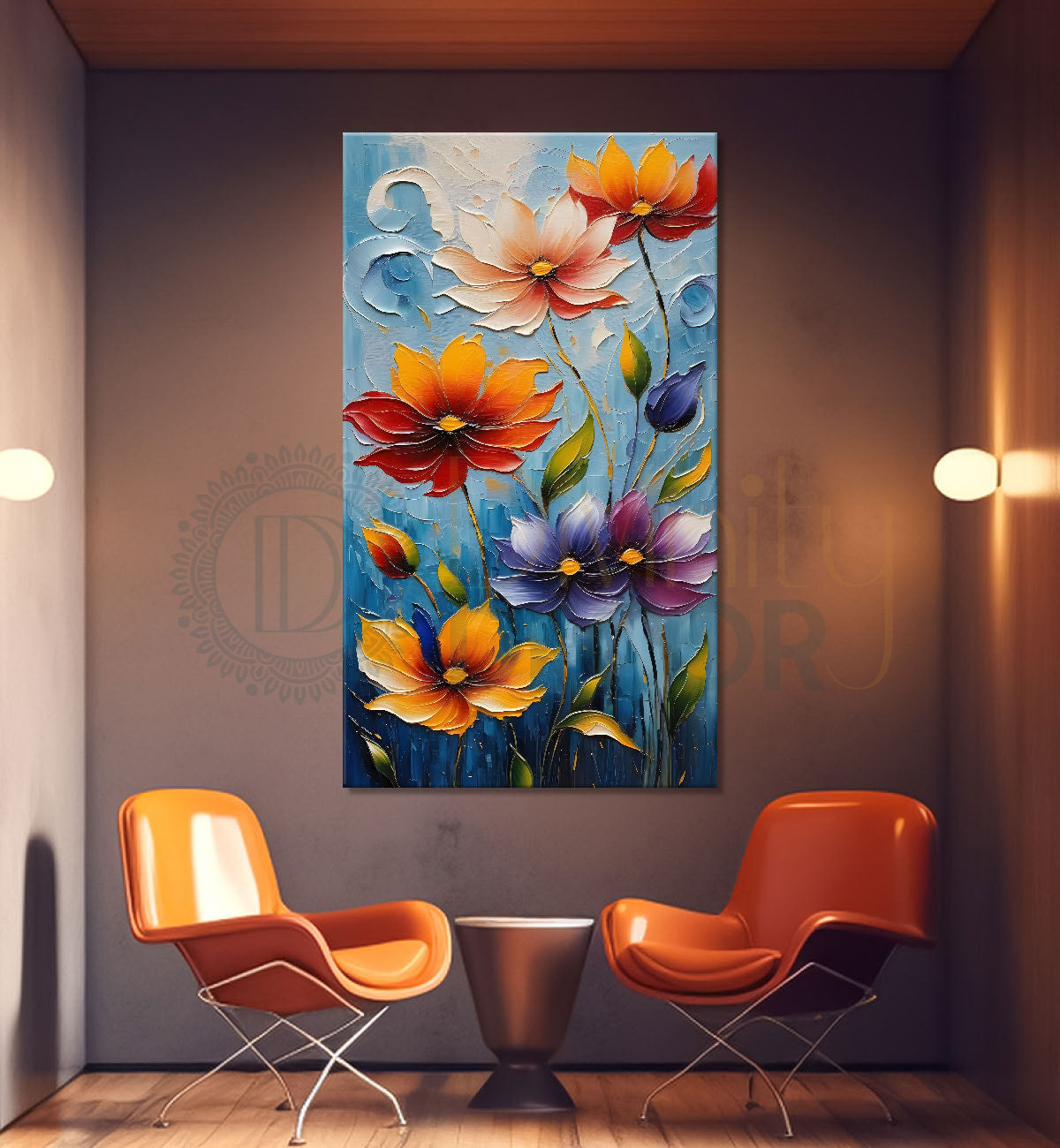 Colourful flowers in blue textured background painting - Flower-V-12