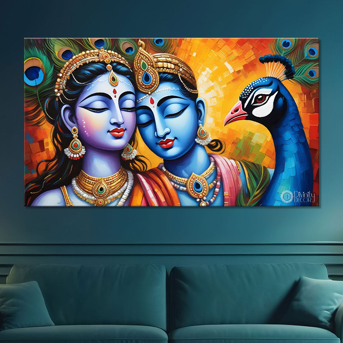 Blue face Krishna and Radha with peacock painting Canvas Painting - Design - Krishna-13