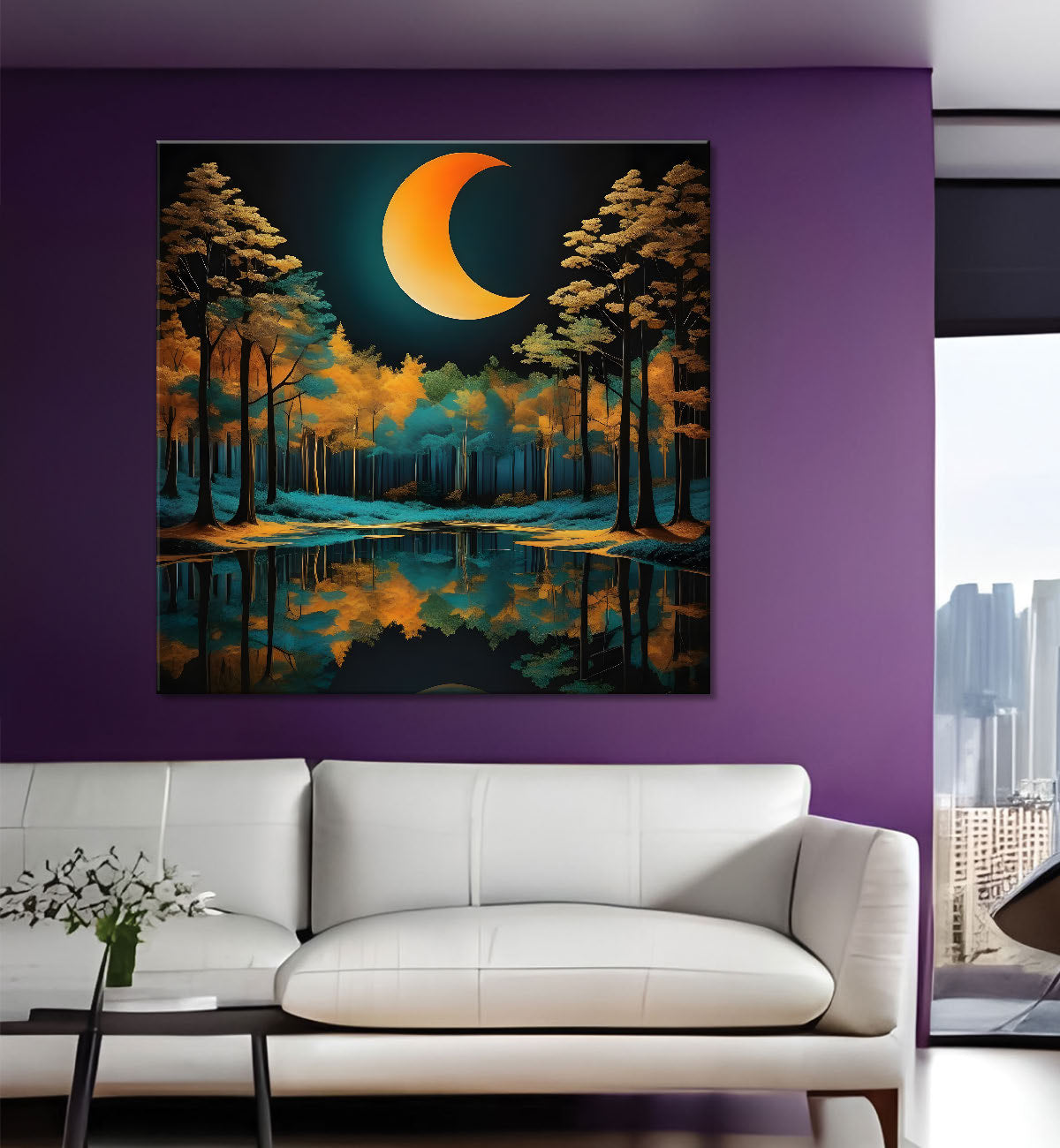 Orange trees with half moon in dark green background painting 24X24 - Nature Art -S-13