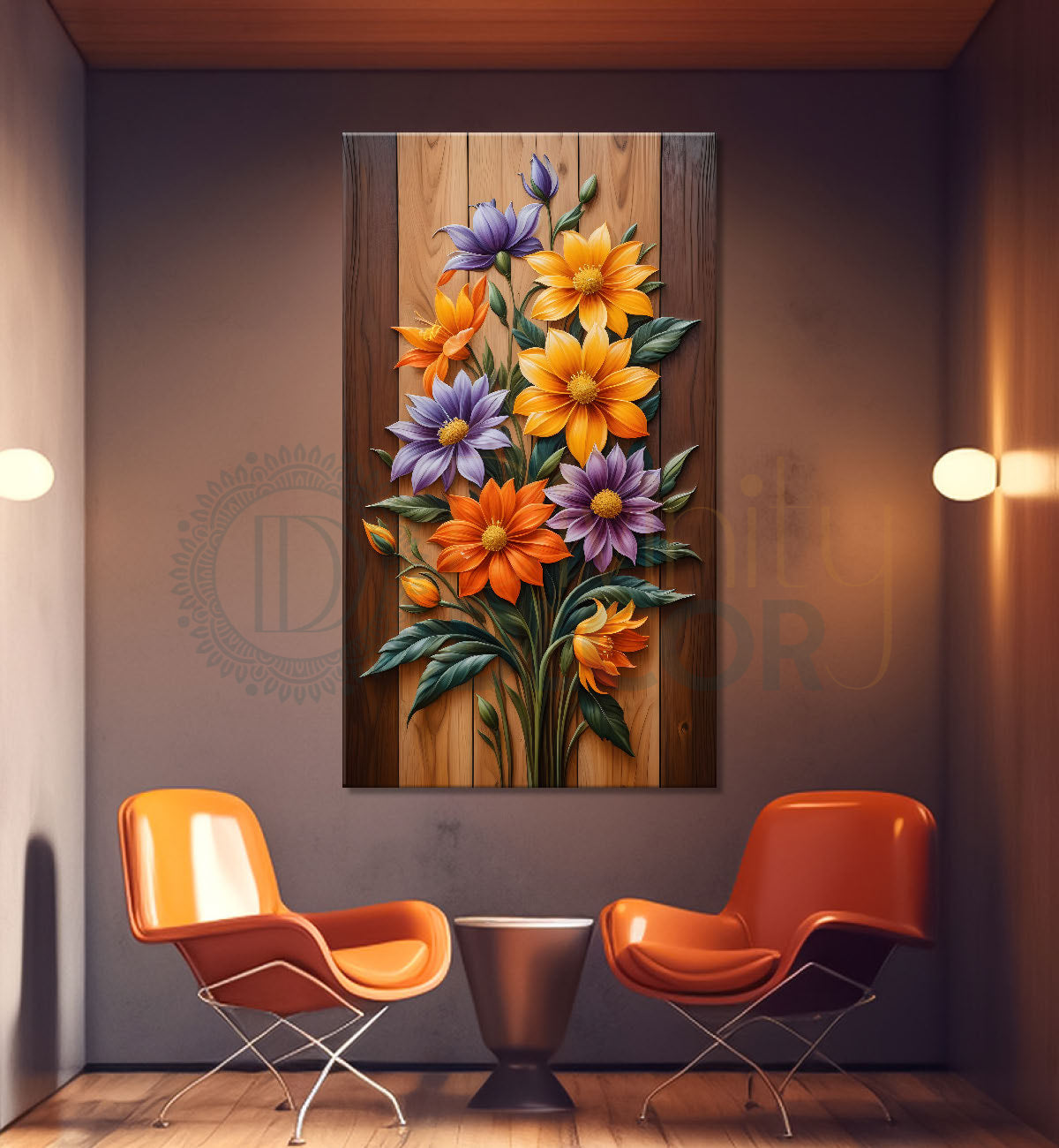Colourful flowers in light brown textured painting - Flower-V-13