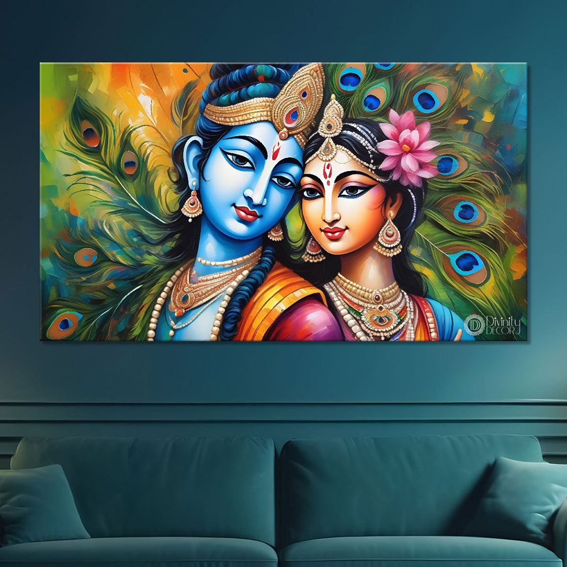 Blue face Krishna and Radha with peacock feather painting Canvas Painting - Design - Krishna-14