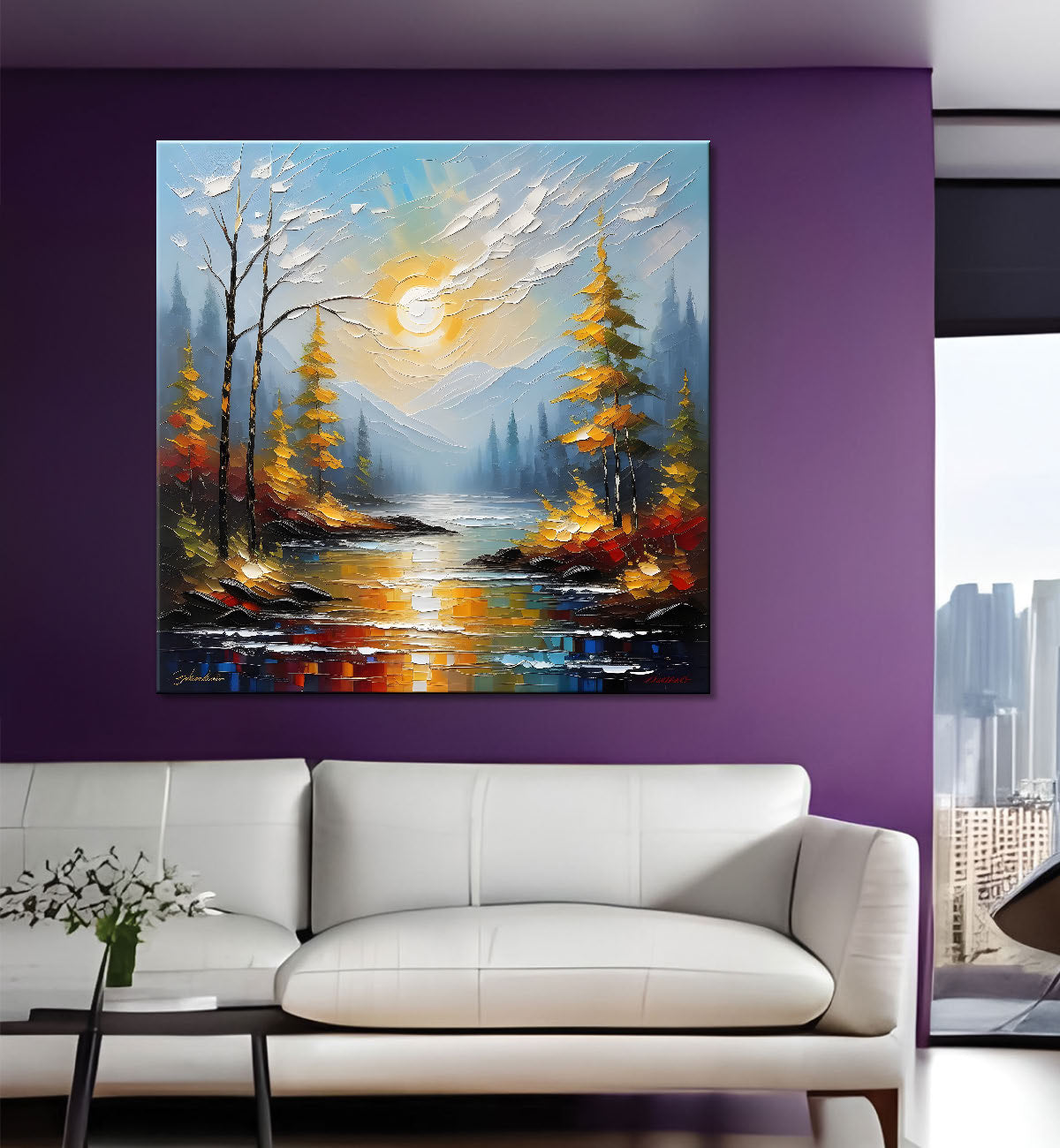 Yellow trees with mountains , sun and lake in textured natural art Canvas Painting 24X24 - Nature Art -S-14